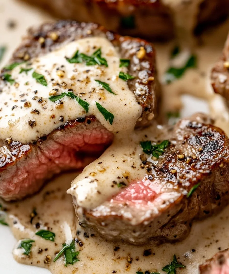 Delicious Garlic Butter Steak drizzled with Parmesan Cream Sauce on a plate.