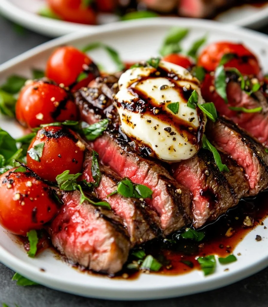 Grilled flank steak caprese topped with fresh mozzarella, tomatoes, and balsamic dressing