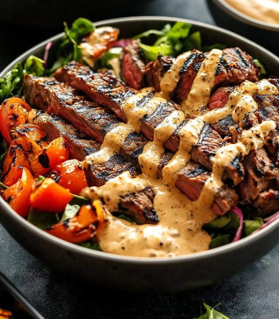 Delicious grilled steak bowl topped with creamy sauce and fresh vegetables