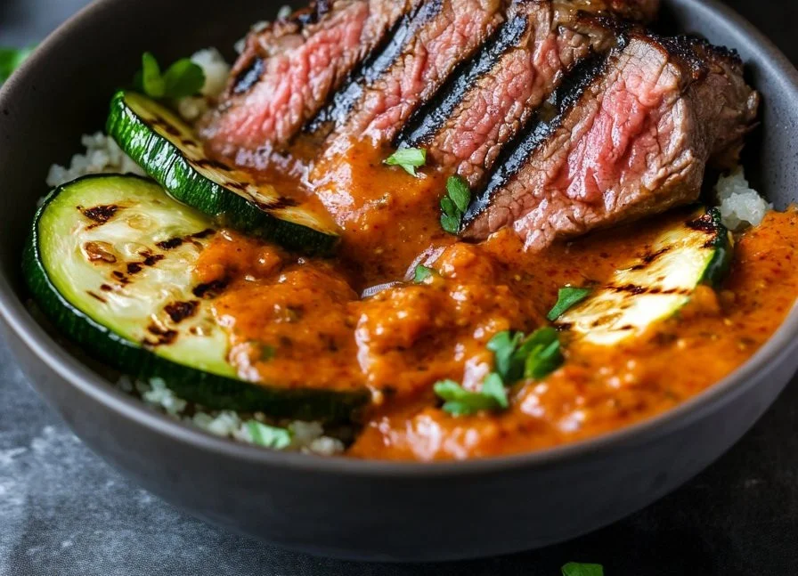 Delicious Grilled Steak Bowl with sauce and grilled zucchini