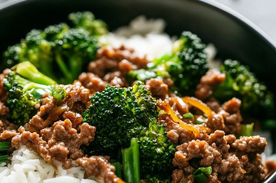 Delicious ground beef and broccoli stir fry served in a bowl