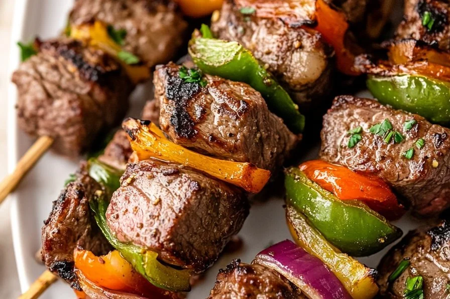 Healthy grilled skirt steak kabobs with colorful vegetables on skewers