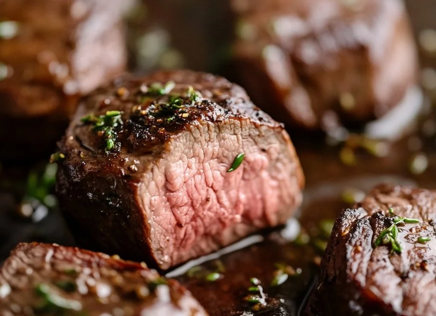 Delicious slow cooked sirloin bites served in a bowl with rich sauce and herbs