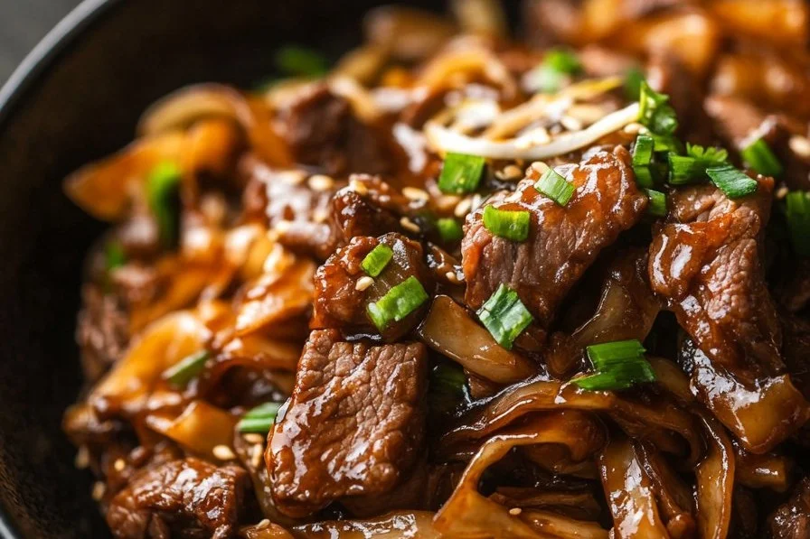 Delicious bowl of Hoisin Beef Noodles garnished with fresh herbs