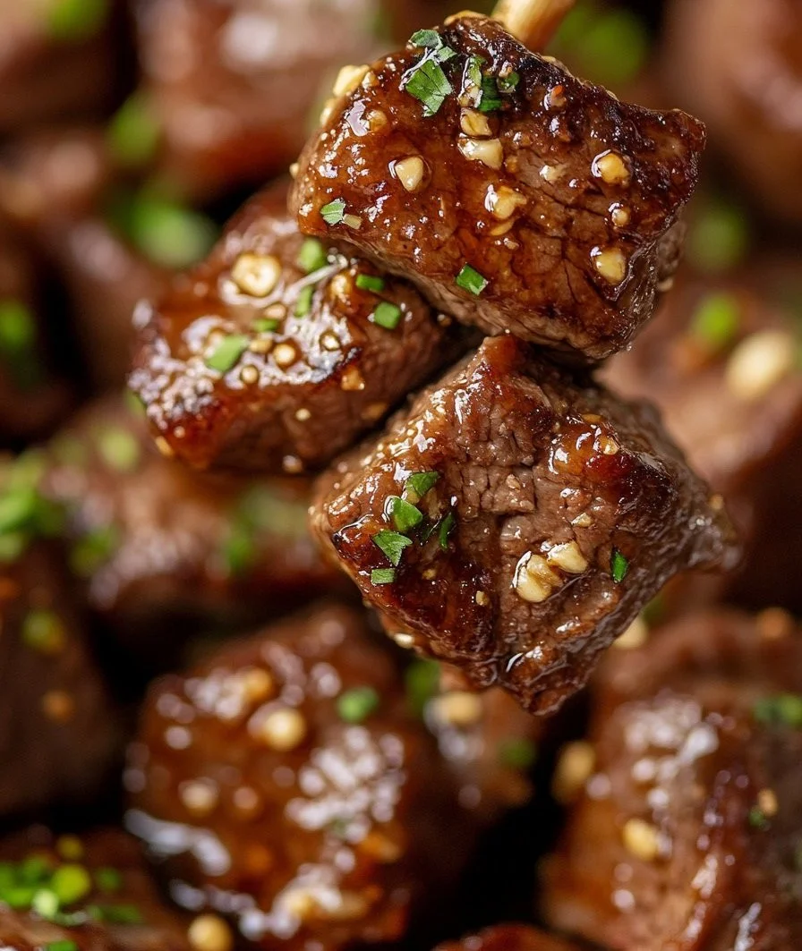 Honey garlic steak bites served in a bowl, garnished with green onions.
