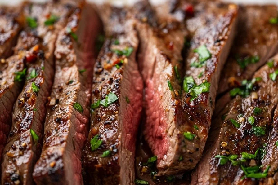 Deliciously cooked skirt steak served with fresh herbs and spices.