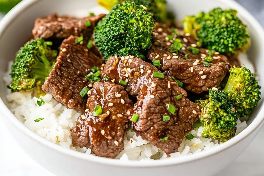 Instant Pot beef and broccoli served with white rice on a plate