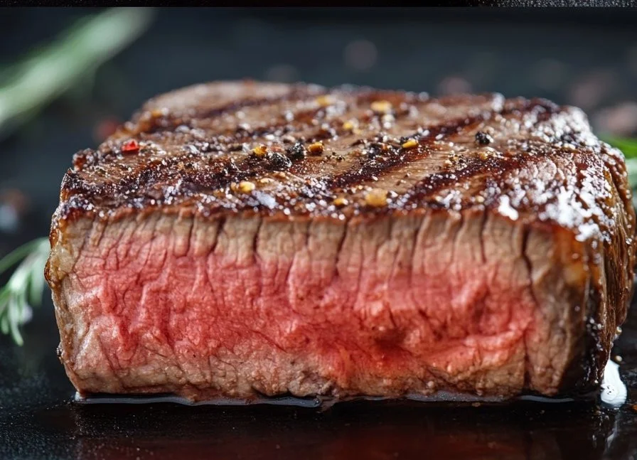 Perfectly cooked juicy steaks resting on a cutting board