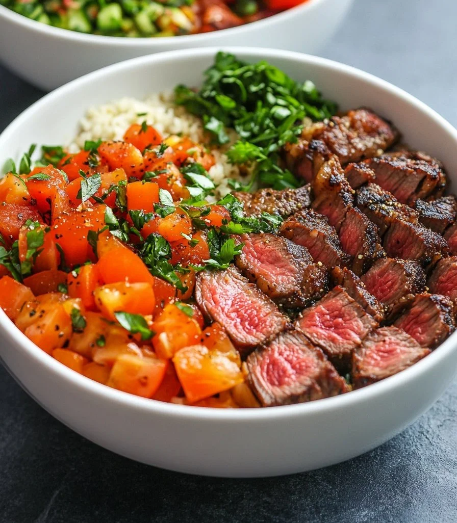 Mediterranean steak bowl topped with fresh vegetables and herbs