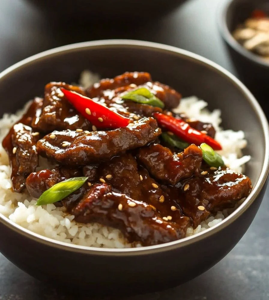 A plate of flavorful Mongolian Beef served with steamed rice and vegetables