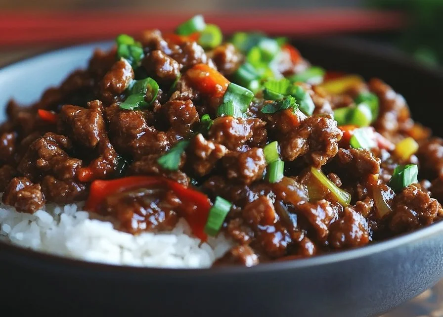 Delicious Mongolian beef mince stir fry served in a bowl with vegetables