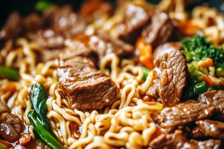 Mongolian Beef Stir-Fry with Ramen served in a bowl