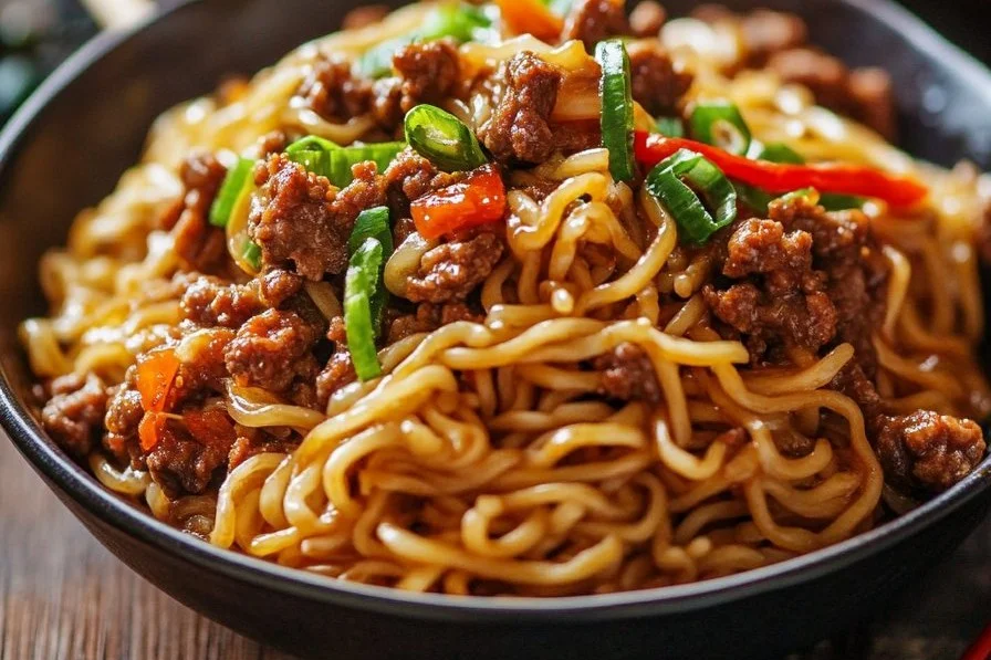 Delicious bowl of Mongolian Ground Beef Noodles garnished with green onions