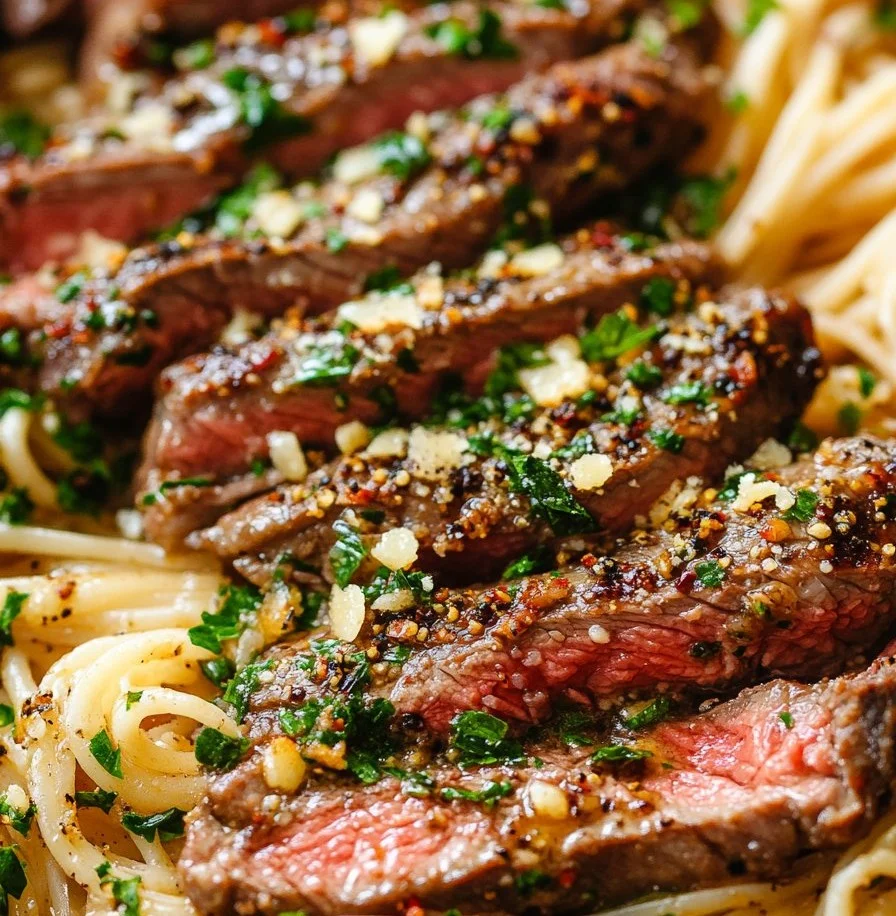 One-Skillet Spicy Garlic Butter Parmesan Steak Pasta dish garnished with herbs