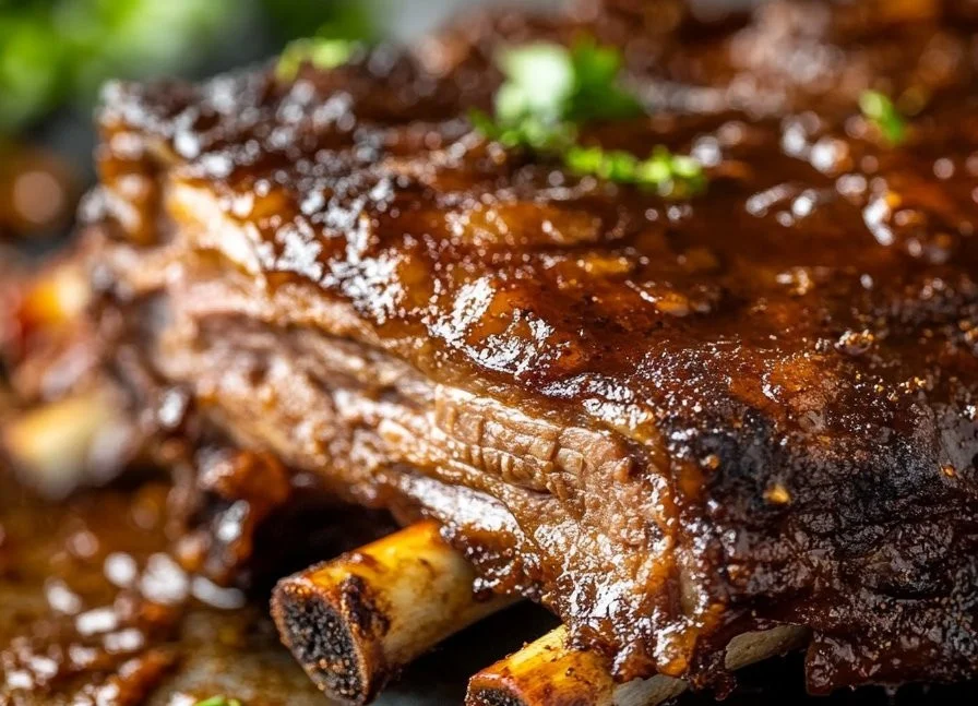 Oven-baked beef back ribs garnished and ready to serve on a platter.