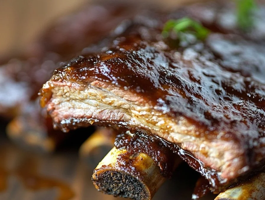 Oven baked beef back ribs cooked to perfection and garnished.