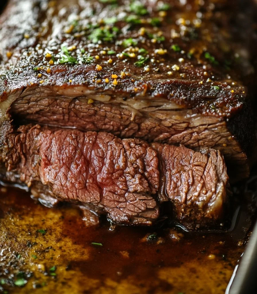 Oven-baked chuck roast served with vegetables on a plate.