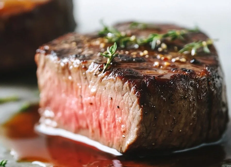 Oven-baked filet mignon garnished with herbs on a plate