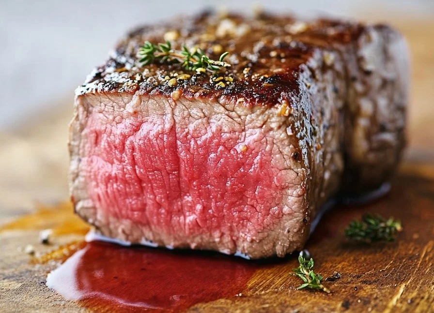 Oven-baked filet mignon cooked to perfection, showcasing juicy steak on a plate.