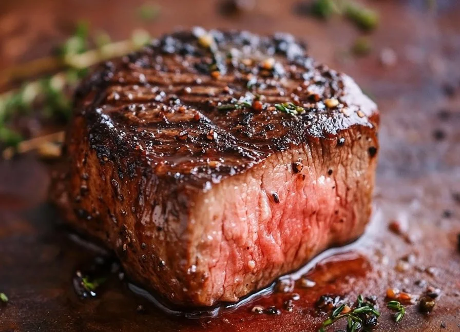 Delicious oven baked steak served on a plate with herbs and seasoning.