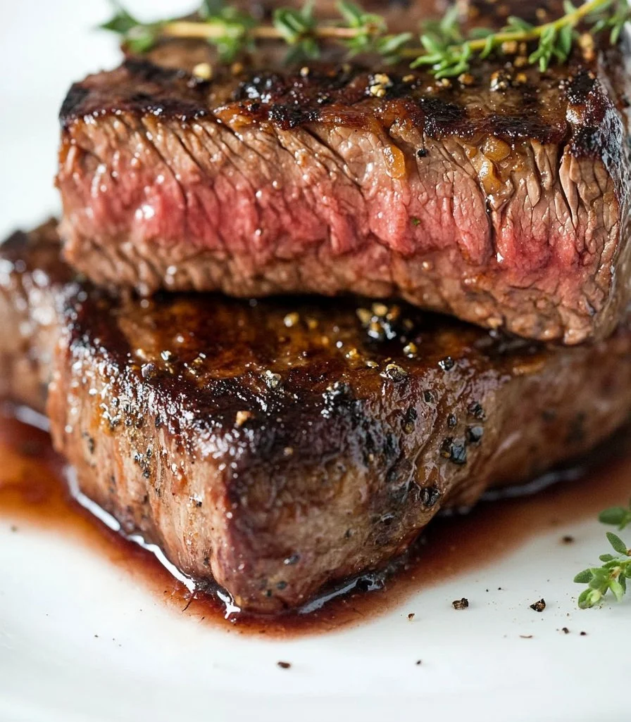 Delicious oven baked steak garnished with herbs and served on a plate