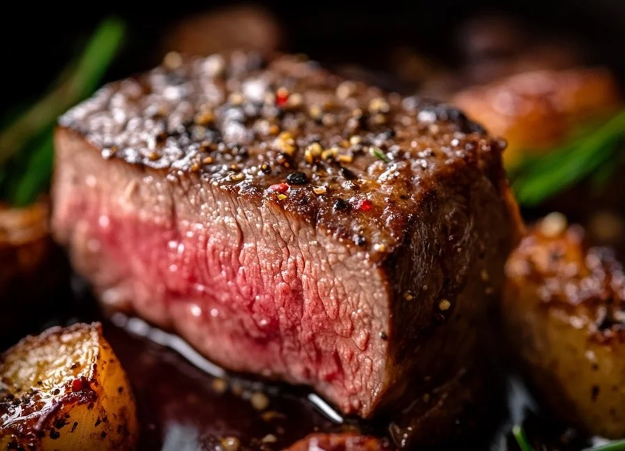 Perfectly cooked pan-seared oven-finished steak on a cutting board