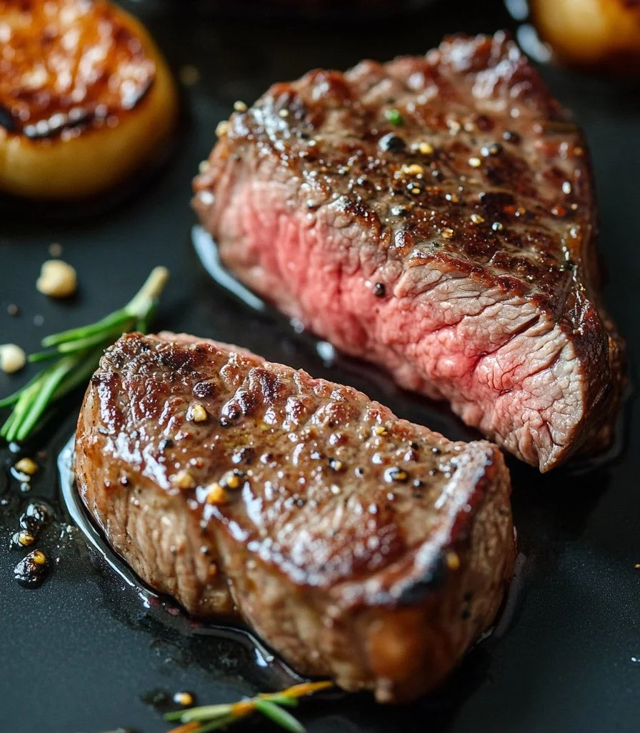 Delicious pan seared ribeye steak on a plate, garnished with herbs.