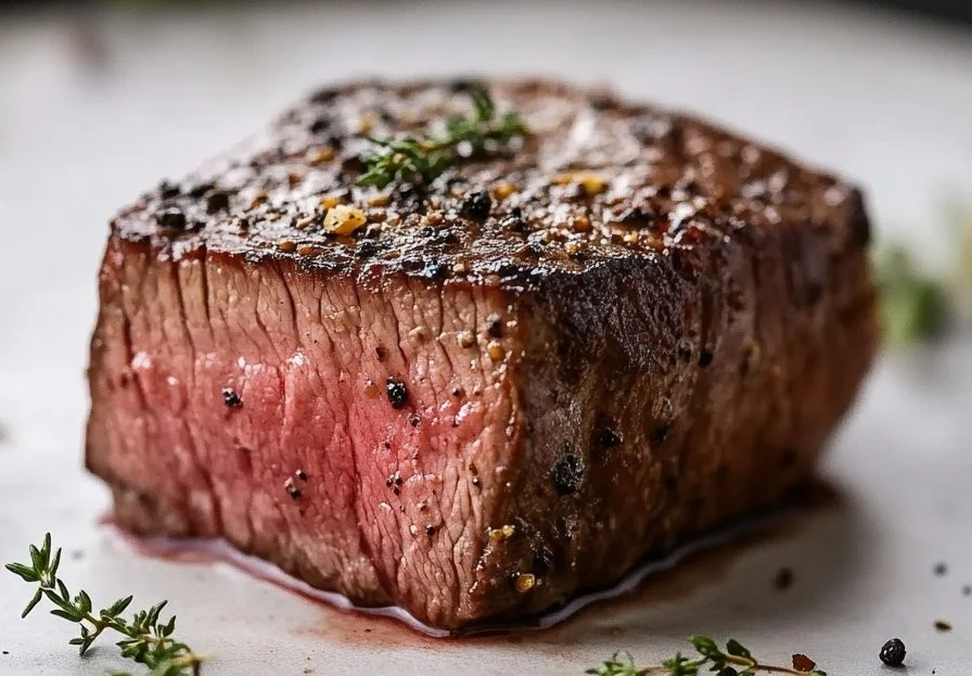 Perfectly pan-seared steak on a plate with herbs and spices.