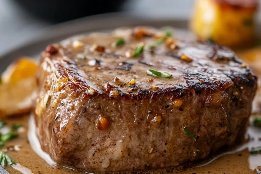 Delicious pan-seared steak served with a rich butter sauce