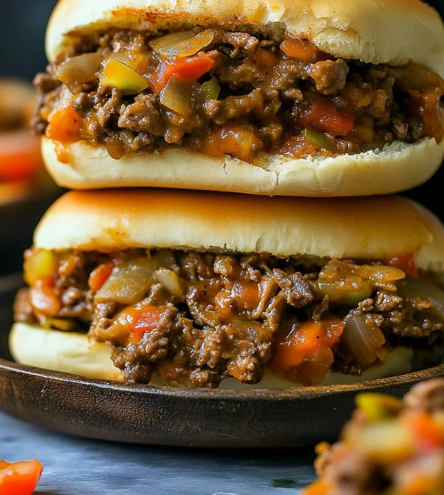 Philly cheesesteak sloppy joes served on a plate with toppings.
