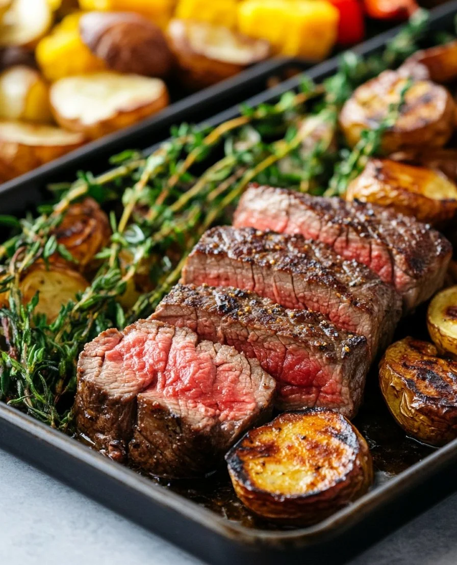 Deliciously roasted sheet pan steak with colorful vegetables.