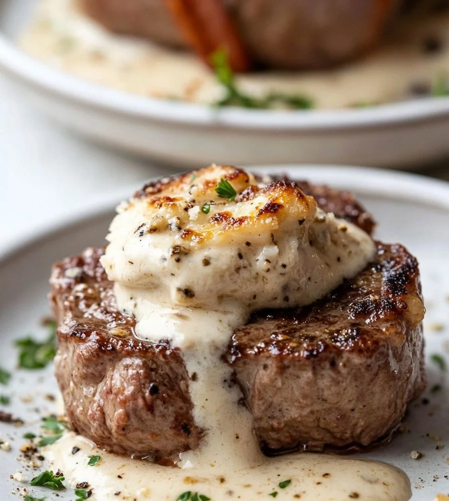 Steak bites in garlic parmesan cream sauce served on a plate