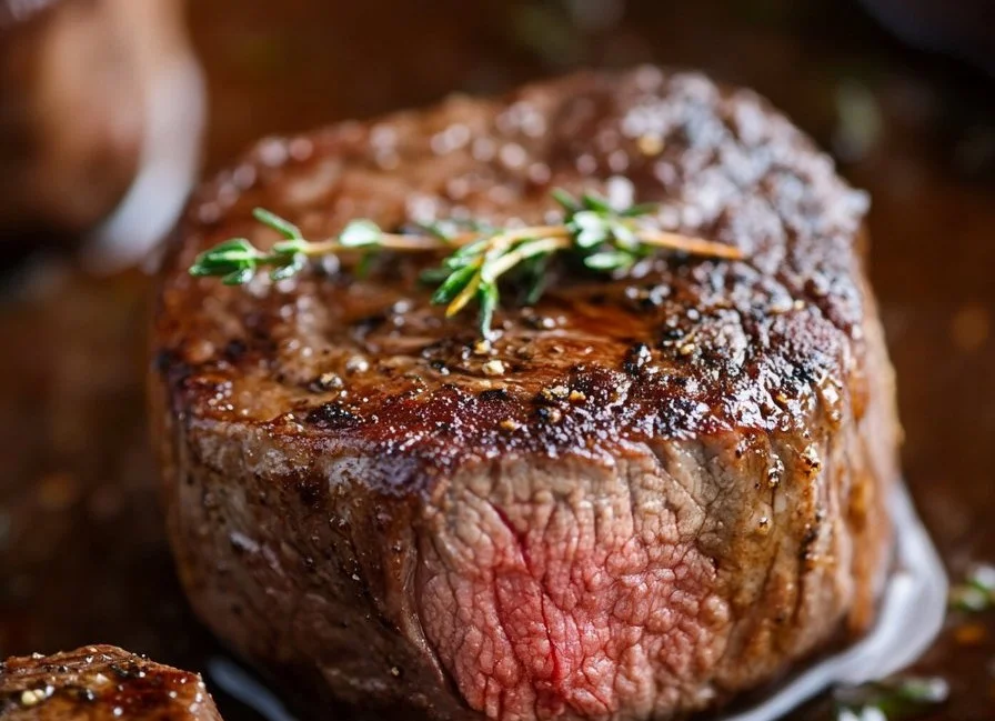 Juicy sirloin steak cooked to perfection on a grill with herbs and spices