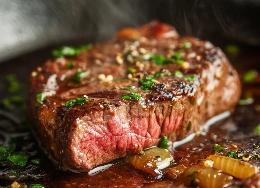 Sizzling Cowboy Butter Steak topped with herbed butter and garnished.