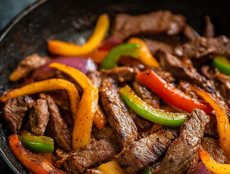 Delicious skillet steak fajitas served with peppers and onions