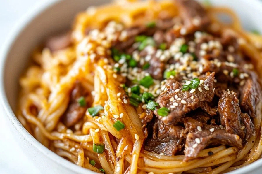 Delicious spicy garlic beef noodles in a bowl garnished with herbs.
