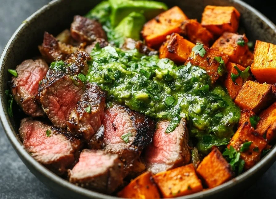 Steak and Sweet Potato Bowls with Avocado-Cilantro Drizzle