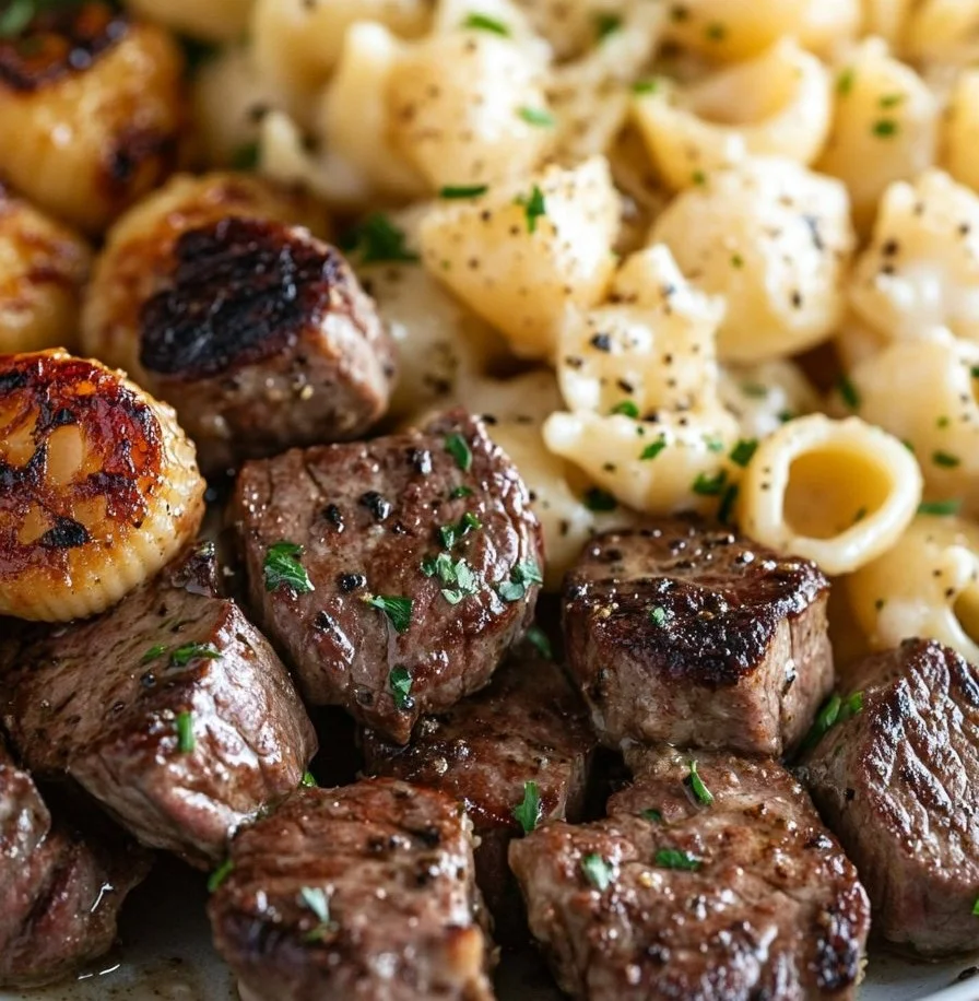 Steak bites and shell pasta in garlic butter Alfredo sauce served in a bowl