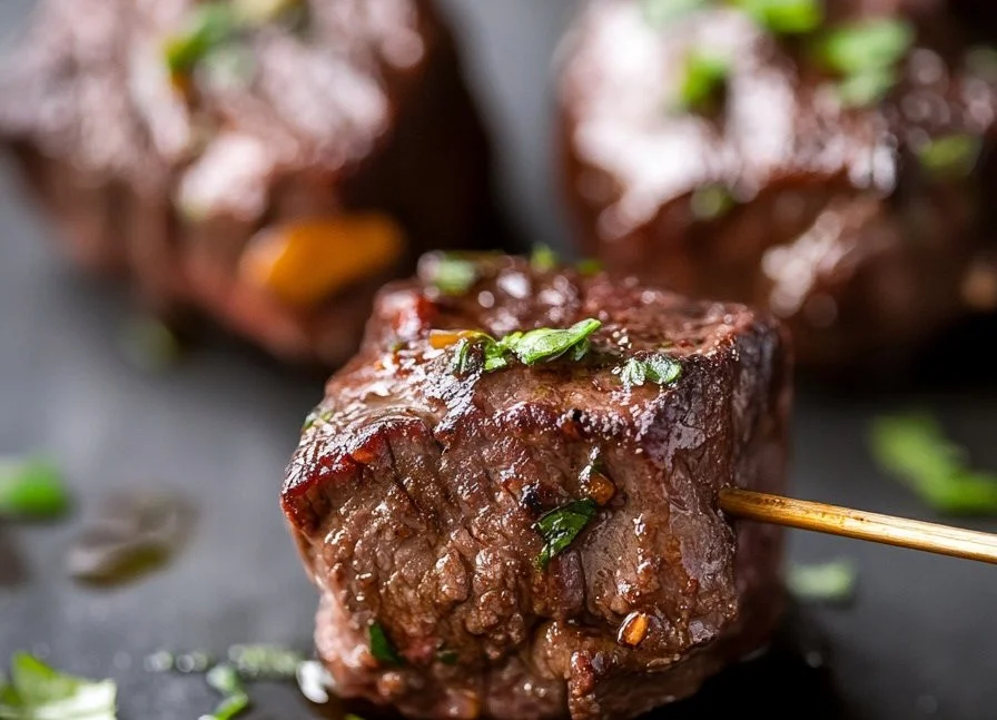 Plate of juicy steak bites made from stew meat