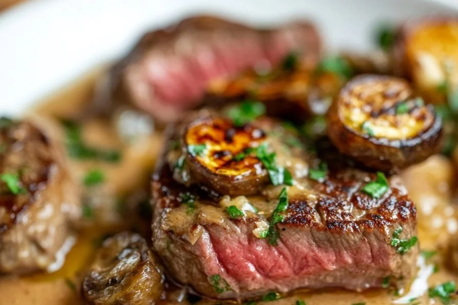 Delicious Steak Diane served with a rich mushroom sauce on a plate