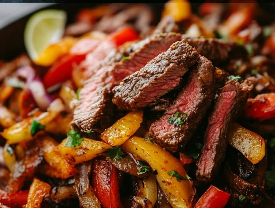 Delicious steak fajitas with grilled beef and fresh vegetables