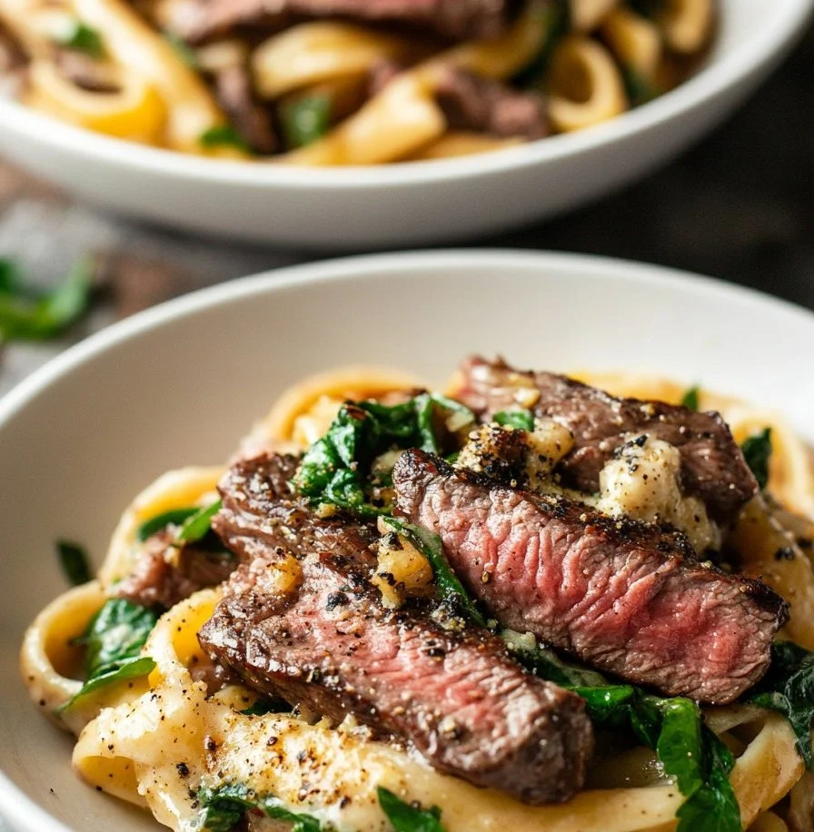 Plate of Steak Pasta with Boursin cheese and garnished herbs.