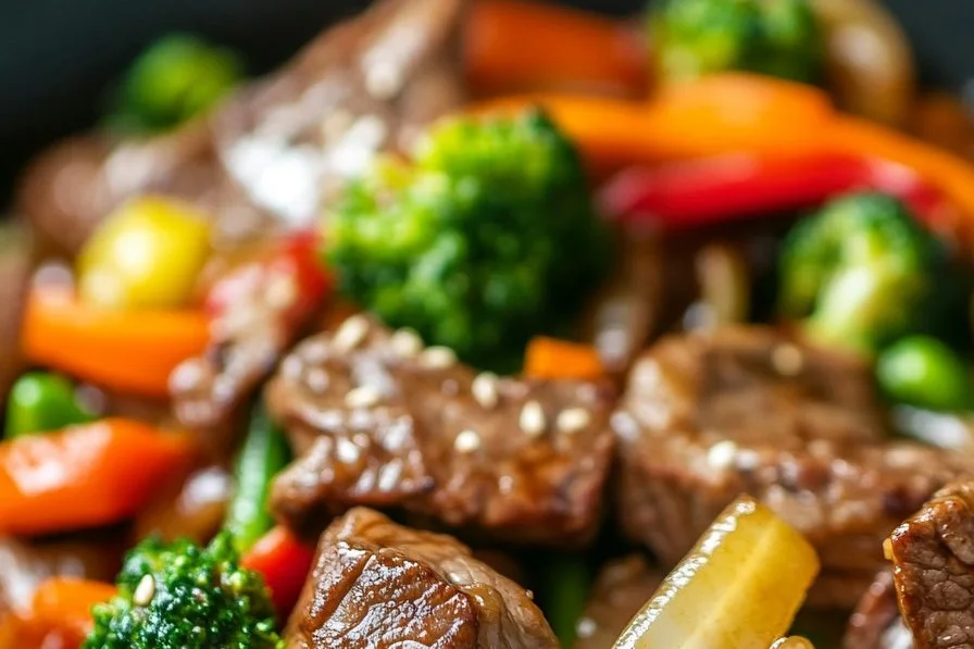 Delicious steak stir fry with colorful vegetables in a sizzling pan