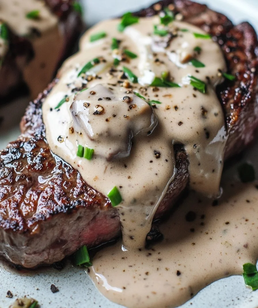 Juicy steak drizzled with rich creamy garlic sauce on a plate