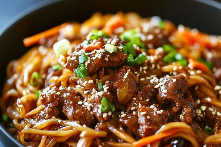 Delicious plate of sticky beef noodles with garnishes and herbs