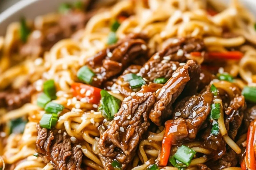 Plate of sticky Hoisin beef noodles garnished with cilantro and sesame seeds.