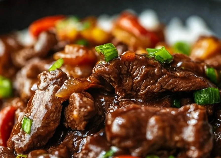 Delicious Stir Fry Mongolian Beef garnished with green onions