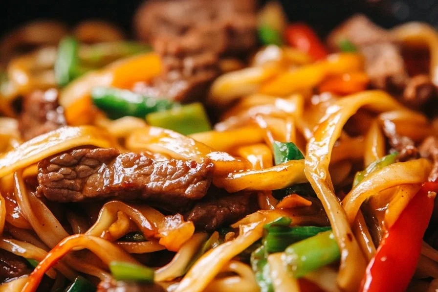 Sweet and savory beef stir fry with tender noodles on a plate