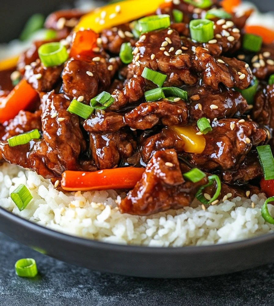 Delicious Sweet & Sticky Mongolian Beef Stir-Fry served in a bowl