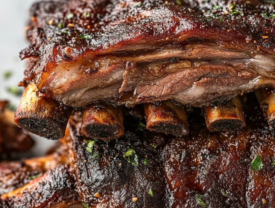 Tender smoked beef ribs served with barbecue sauce and sides